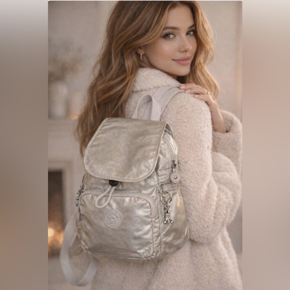 Kipling City Zip Metallic Silver Backpack retail $128